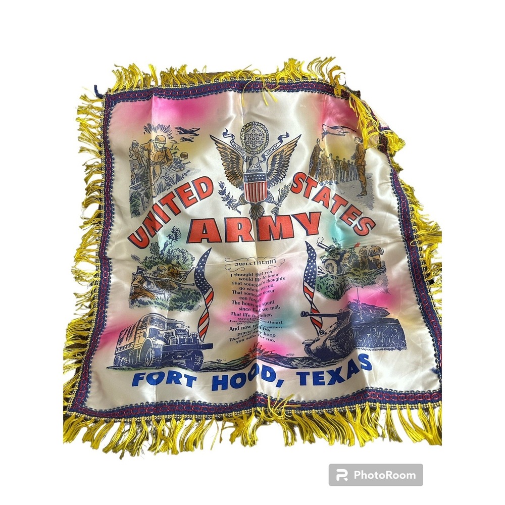 Vintage US Army Fort Hood Texas Sweetheart Pillow Cover Fringe Satin Military